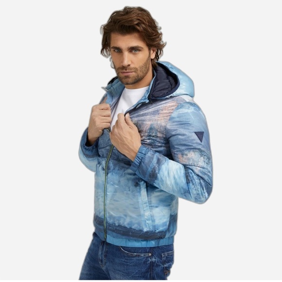 Guess Men Puffer Water Resistant Down proof Windproof Blue Jacket Size M - Picture 1 of 17